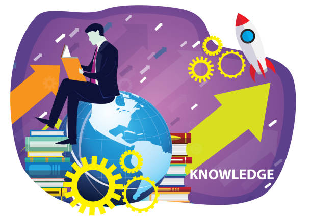 Vector illustration. Knowledge business education concept. Businessman and books. Reading book for self skill career development