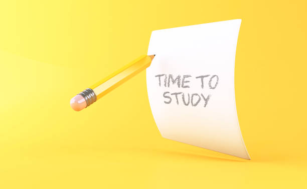 3d illustration. Yellow pencil and sheet of paper with text "time to study" on yellow background. Education concept.