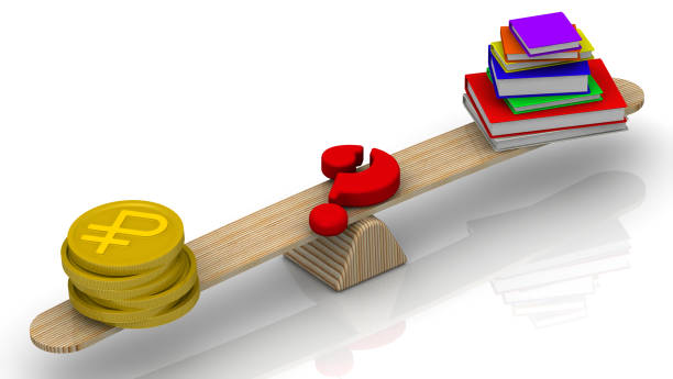 Golden coins with the symbol of the Russian ruble are weighed in the balance with red question mark. Isolated. 3D illustration