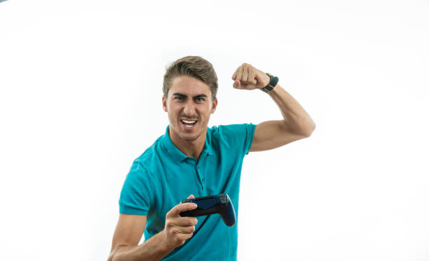 Group of friends playing video games and putting expressions of various emotions
