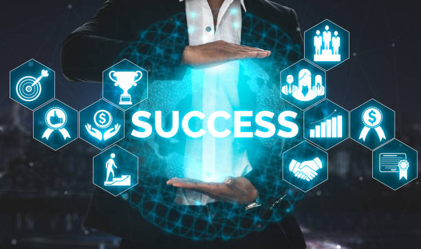 Achievement and Business Goal Success Concept - Creative business people with icon graphic interface showing employee reward giving for business success achievement.