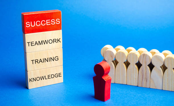 Wooden blocks with the word Success, Teamwork, Training, Knowledge and a business team with a leader. The concept of cooperation and teamwork. Goal achievement. Successful