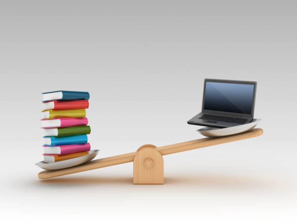 Seesaw Scale with Books and Laptop - 3D Rendering