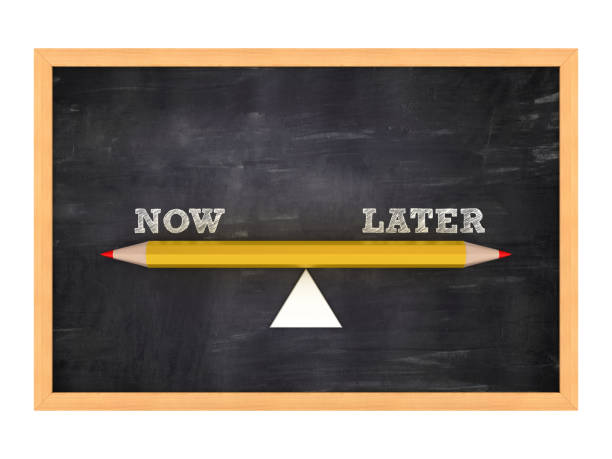 Seesaw with NOW LATER Words on Chalkboard Frame - 3D Rendering