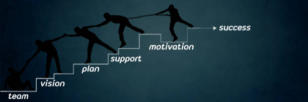 help and successful challenge silhouette concept, team of people hiking to top of stair way to success