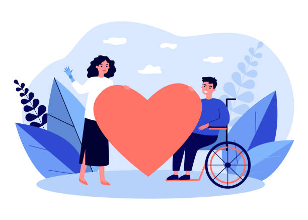 Woman and handicapped man holding big heart. Love, together, nursing flat vector illustration. Care, aid and relationship concept for banner, website design or landing web page