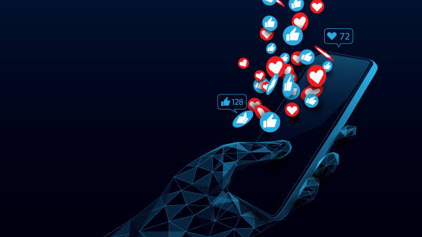 Social Media Concept. Hand Holding Smartphone with Like, Love Icons. Low Poly and Wireframe Design. Vector Illustration