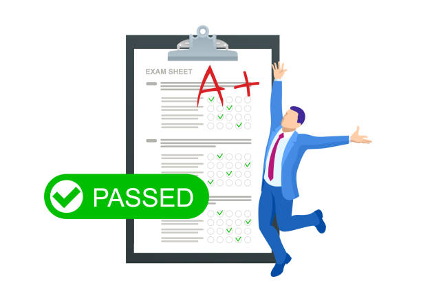 Isometric Exam sheet with A plus grade, flat design. The joy of a good exam result. The exam is passed