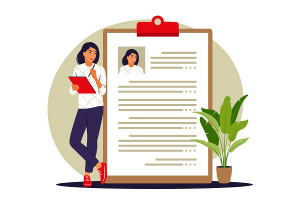Resume concept. Woman makes resume. Vector illustration. Flat