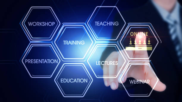 Hexagonal virtual Touch Screen Concept with man touching screen with finger and light streak