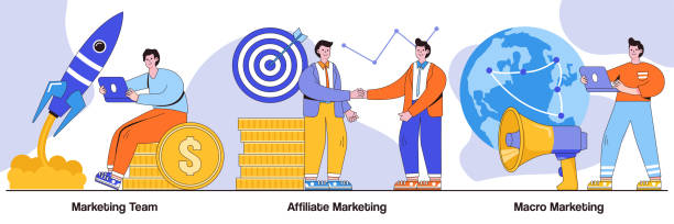 Marketing team, affiliate marketing, macro marketing concept with tiny people. Professional marketers service abstract vector illustration set. Advertising business, worldwide networking metaphor.