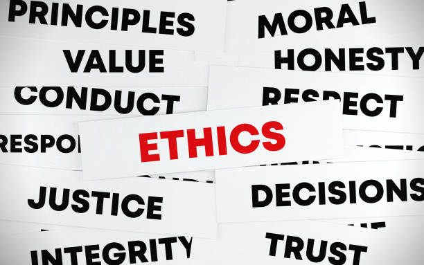 Words related to Ethics form a word cloud on top of each other. Business concept.