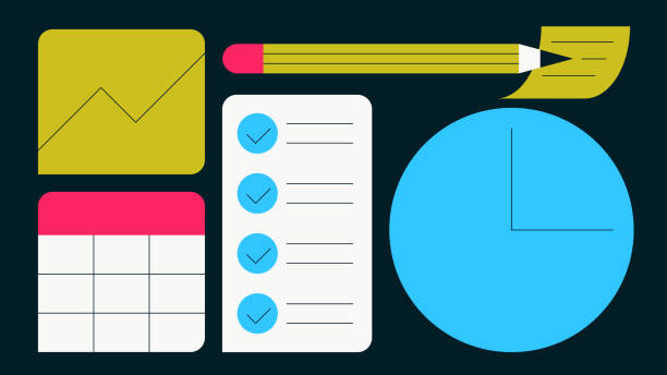 Productivity and task management vector illustration. Clock with to do list, calendar sticky note and pencil. Successful time management and high efficiency concept. Simple colourful cartoon design.