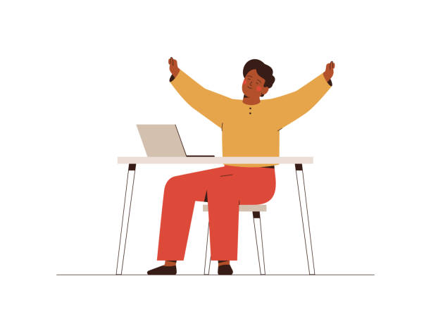 Happy man sitting at desk with laptop and stretching. Smiling male employee or freelancer finished his job. Concept of sport activities and resting at workplace. Vector illustration