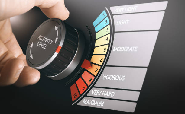 Man evaluating his training to level seven. RPE, Rating of Perceived Exertion concept. Composite image between a hand photography and a 3D background.