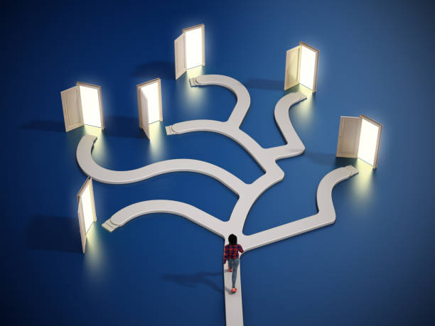 3D character walking on the road leading to many different paths with open doors. Decisions concept.