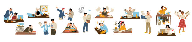 Set of annoyed people at work flat vector illustration on white. Scenes with office employees tired of stressful job, colleagues having conflict, angry boss yelling, man fired, woman suffering burnout
