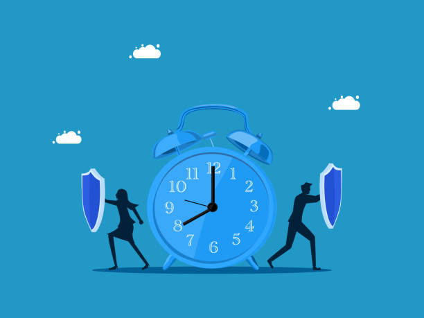 Life time protection. Businessman team holding shield to protect clock vector