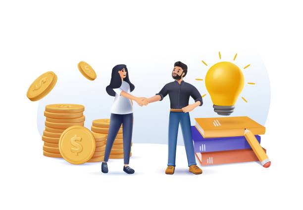 3D business porters a successful team, creative. The investor holds money in ideas, startup idea. vector illustration on white background. financing of creative projects. woman man business 3D vector