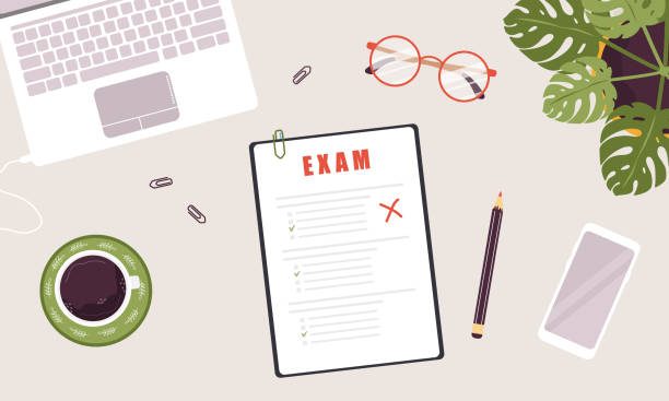 Top view teacher workplace. Answer sheet after exam. School and college education concept. Vector illustration in flat cartoon style.