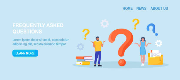 Confused man asks questions. People are looking for solutions and asking for help, finding an answer. A man and a woman are discussing near a huge question mark. Problems and uncertainty, indecision