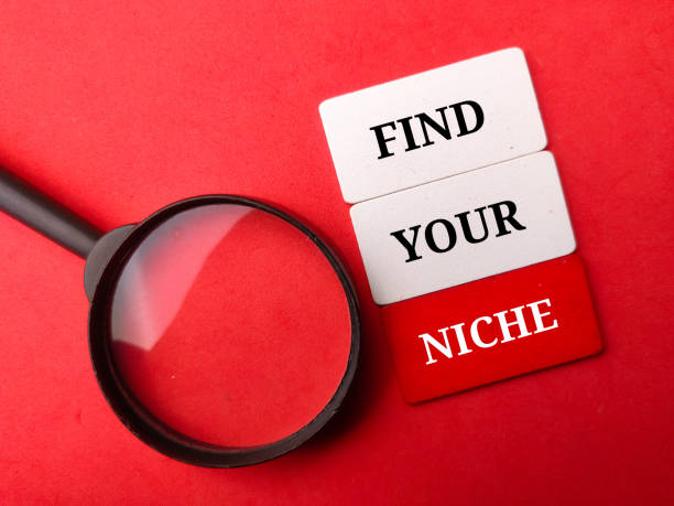 Wooden board and magnifying glass with text FIND YOUR NICHE on a red background. Business concept.