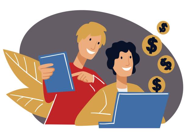 Team of specialists working on growing income of company. Men using laptops for dealing with tasks. People brainstorming and solving problems together. Communication and meeting. Vector in flat style