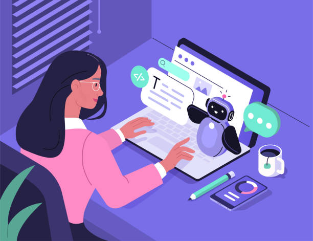 Character working as prompt engineer generating text and image content with generative AI model and chat bot. Artificial intelligence in business concept. Vector illustration.