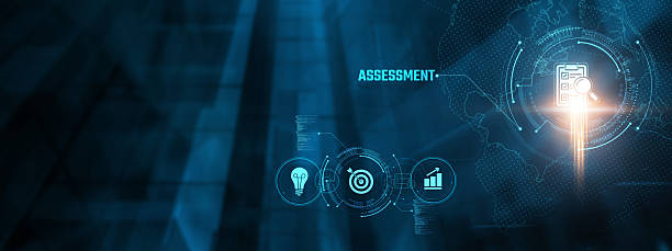 Assessment Concept: Evaluation, analysis, feedback, metrics, performance, standards, objectives on virtual interface.