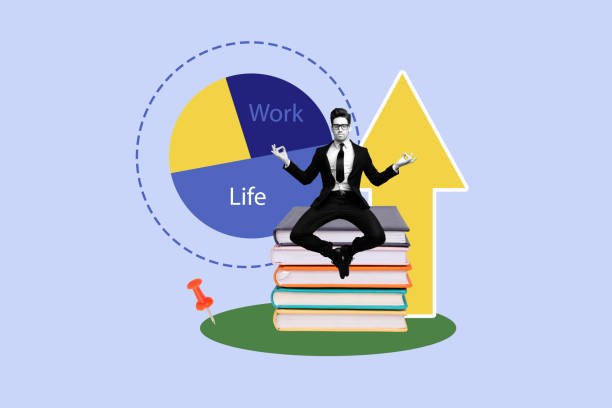 Composite photo collage of serious businessman do meditation book stack education supplies diagram work life isolated on painted background.