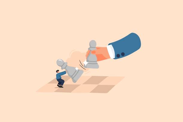 A large hand in a suit strategically moves a pawn chess piece while a smaller figure attempts to push the opposing piece. This image symbolizes the imbalance of power, strategy, and determination in competitive scenarios.