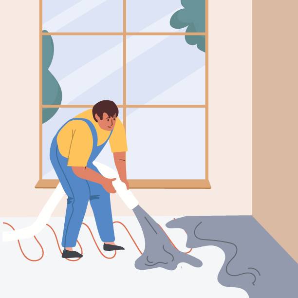 Concreting the floor, pouring the cement base. Floor preparation. Hand drawing vector illustration.