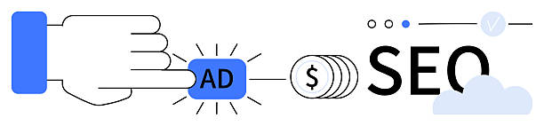 Hand clicking ad button emitting light, connected to dollar coins and SEO. Ideal for online marketing, digital strategy, SEO, PPC, advertising, e-commerce content marketing. Line metaphor