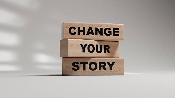 Change your story symbol. Concept words Change your story on wooden blocks. Business finacial and change your story concept. Copy space.3D rendering on white background.