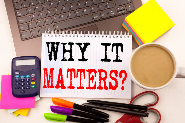 Word writing Question Why It Matters in the office with surroundings such as laptop marker pen stationery coffee Business concept for Motivation Goal Achievement Workshop background space