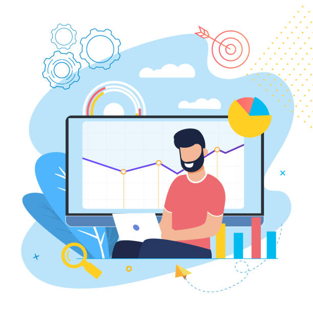Successful Development and Growth Project Cartoon. Man with Laptop is Working on Analysis These Indicators. Manager Rejoices at Progressive Indicators Company Performance Growth Flat.