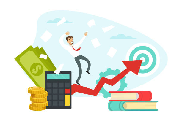 Energetic Businessman with Red Tie Running Up the Arrow Vector Illustration. Young Male Accomplishing Goals and Expressing Happy Emotion