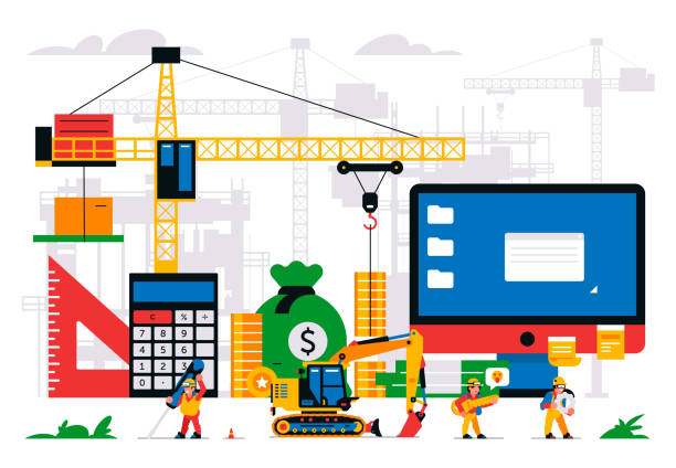 The website is under construction. Error page, maintenance. Construction site, machinery, crane, workers, computer, website, calculator, bag of money, coins, key, tools. Isolated vector illustration.