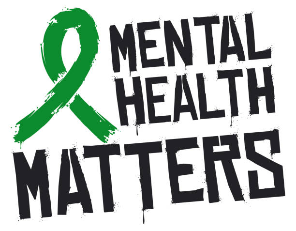 Stencil and graffiti with green ribbon shape, promoting mental health matters, awareness and healthy mind habits.