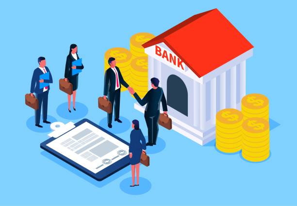 Banking and lending services, mortgages, loans, debt repayment, etc. Distance businessman signing business contracts with bank managers