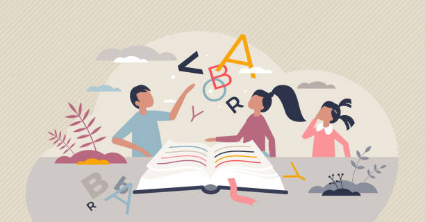 Reading kids with educational study books for knowledge growth tiny person concept. ABC book learning for primary school or elementary vector illustration. Pupil homework and child curiosity process.