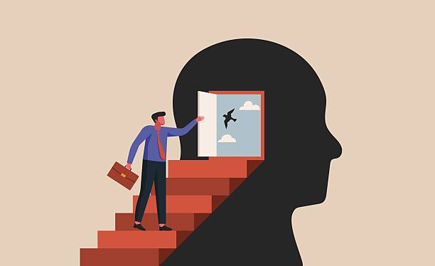 Businessman walking up stairs into a human head silhouette, concept of open mindedness, personal growth, flat vector illustration